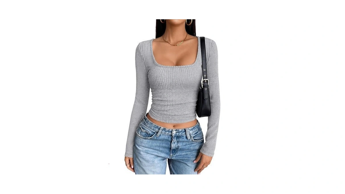 Anrabess Womens Long Sleeve Square Neck Fitted Crop Tops,grey,m