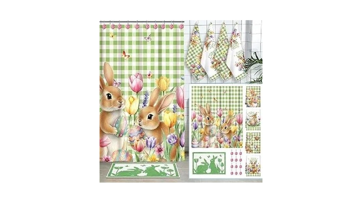 Fourluoo 18 Pcs Easter Shower Curtain Set Easter Bunny Bathroom