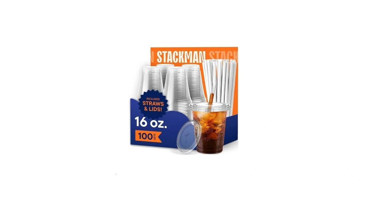 Stack Man Clear Plastic Cups With Lids And Straws -