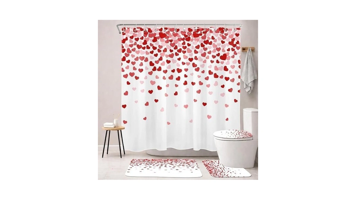 Myusre Pink Heart Shower Curtain Set With Non-slip Bathroom Rugs,