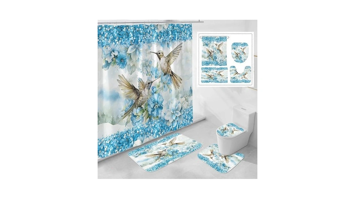 Litabel 4 Pcs Blue Hummingbird Flower Shower Curtain Set With