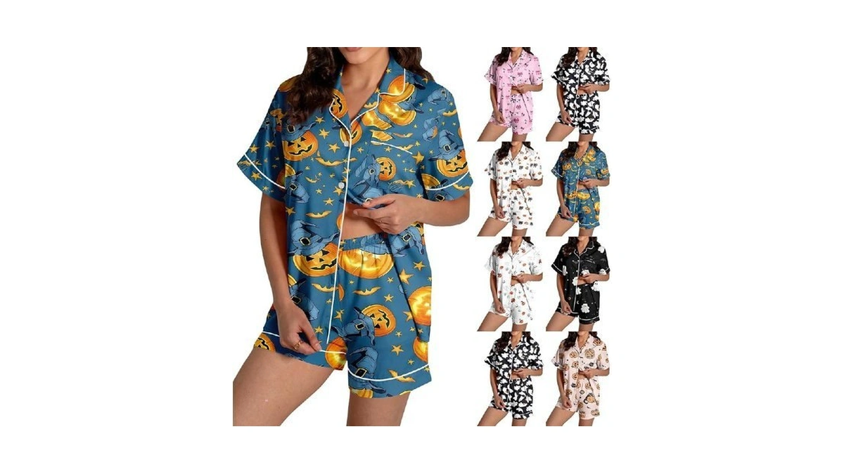Halloween Woman Pajama Set Satin Collar Short Sleeve Tops Sleepwear
