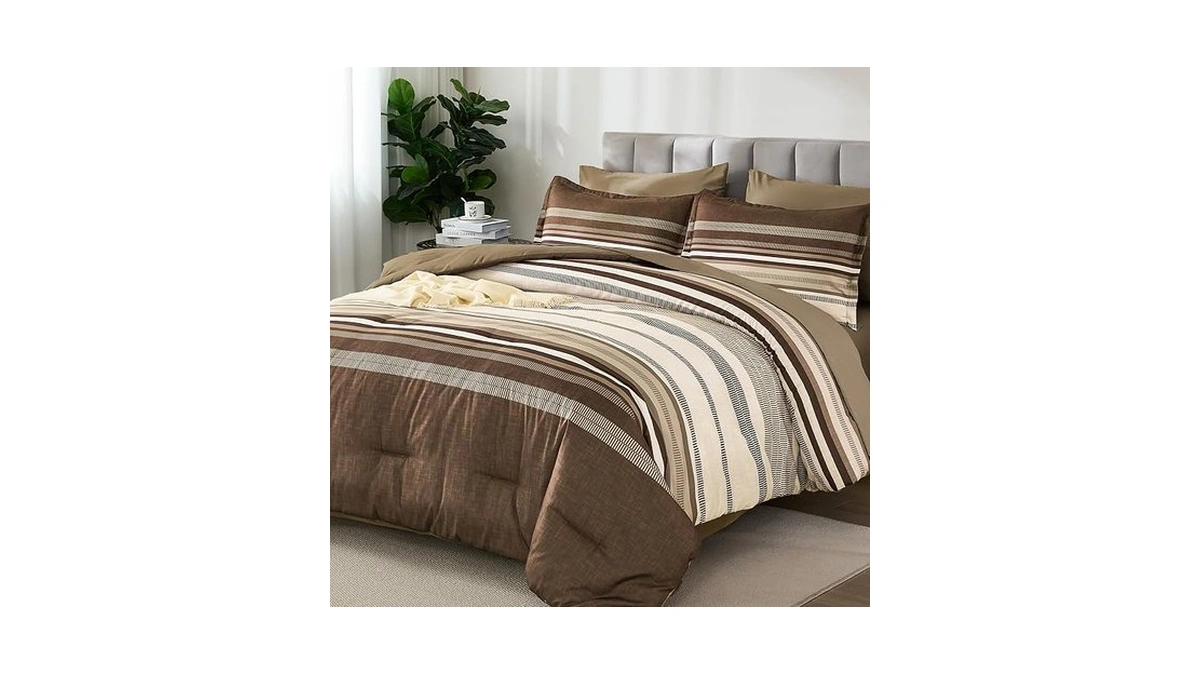 Dobuyly Brown Comforter Set King Size 7 Piece, Boho Striped