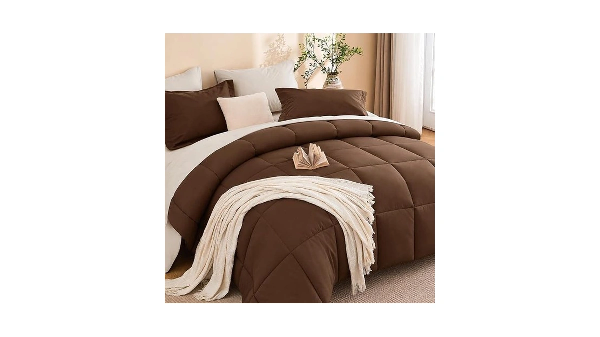 Muxhomo 7 Pieces Brown Comforter Set Queen Size, Reversible Bed