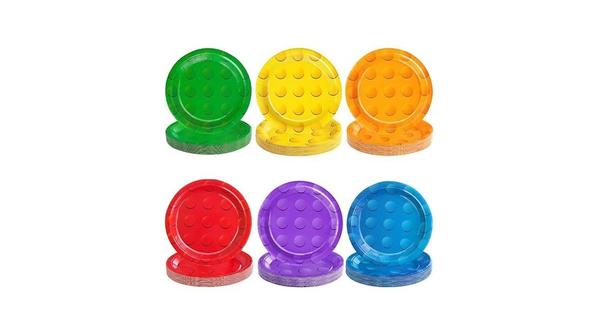 72pcs Building Block Paper Plates, Colorful Building Bricks Themed Party