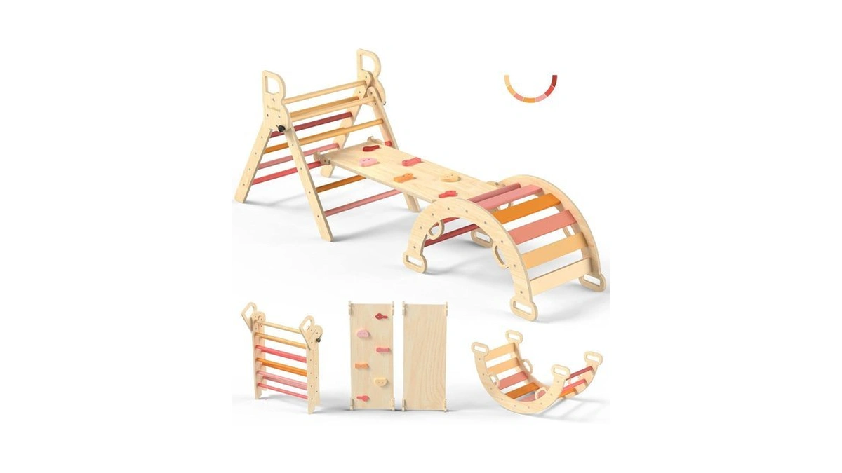 Bluewood Pikler Triangle Set, Toddler Wooden Climbing Toys Indoor 7in1
