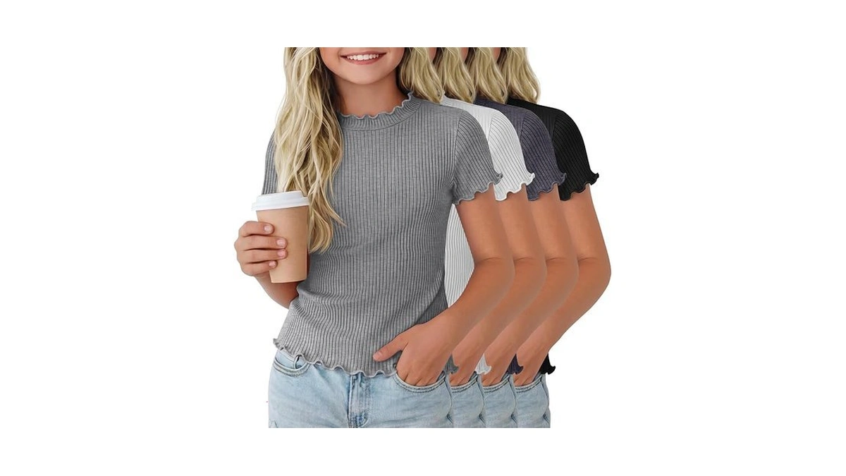 Mumucove 4 Pack Girls' Short Sleeve Shirts Ribbed Crew Neck