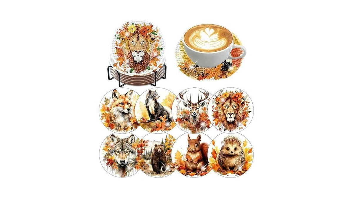 Diamond Art Coasters Kits, 8 Pcs Fall Animals Diamond Painting