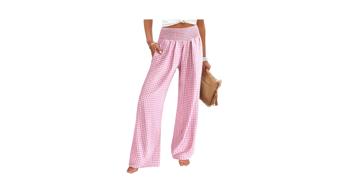 Anrabess Womens Striped Gingham Palazzo Pants,pink White Plaid,m