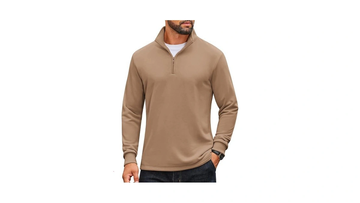 Coofandy Men's Stand Collared Sweatshirts Quarter Zip Fleece Pullover Khaki