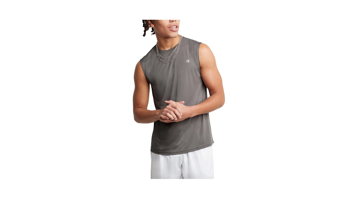 Champion Mens Double Dry Muscle Tee T Shirt, Stone Gray,