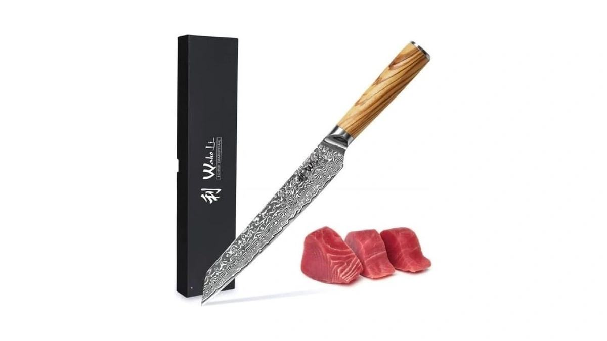 Wakoli Oribu Meat Carving Knife, 8-inch Damascus Steel, Olive Wood