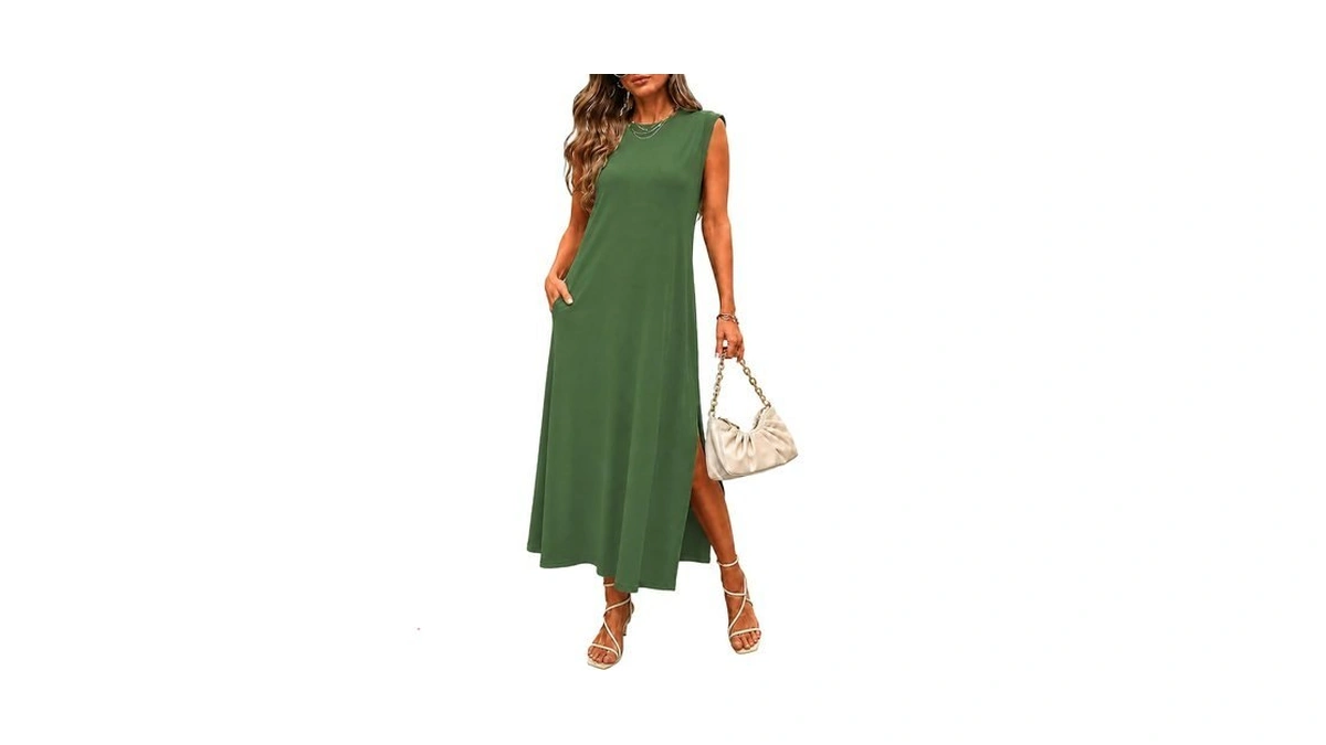 Materasu Women Midi Dress With Pocket Crew Neck Sleeveless Side