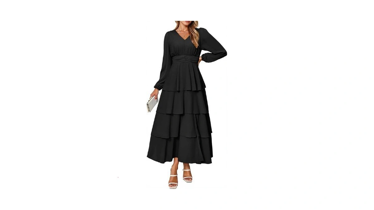 Berrygo Womens Flowy Maxi Dress Chiffon Long Sleeve Slit V