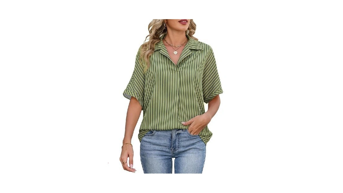 Ieeilulu Women Striped Collared Shirt Casual Short Sleeve V Neck
