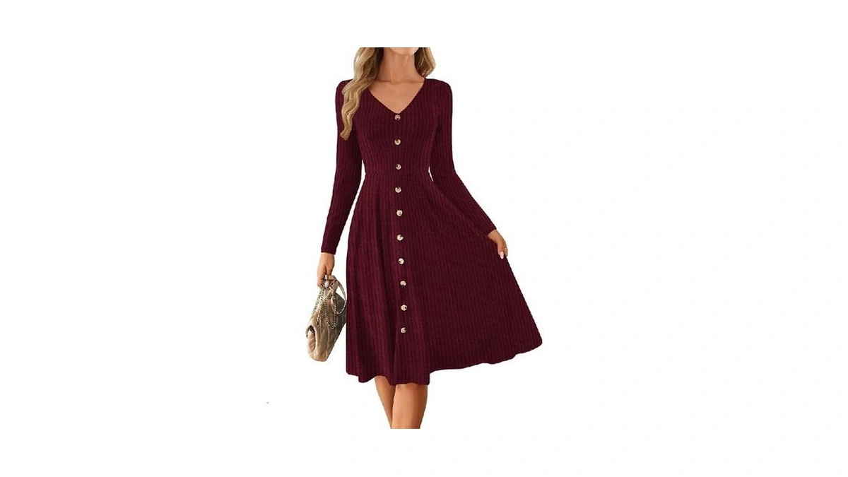Lazysmile Long Sleeve Fall Winter Dresses For Women V Neck