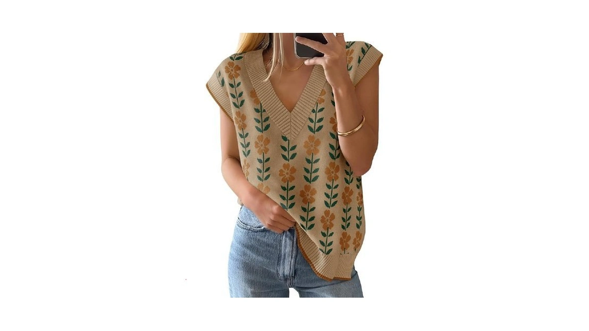 Zesica Women's Floral V Neck Sleeveless Knit Sweater Vest Khaki