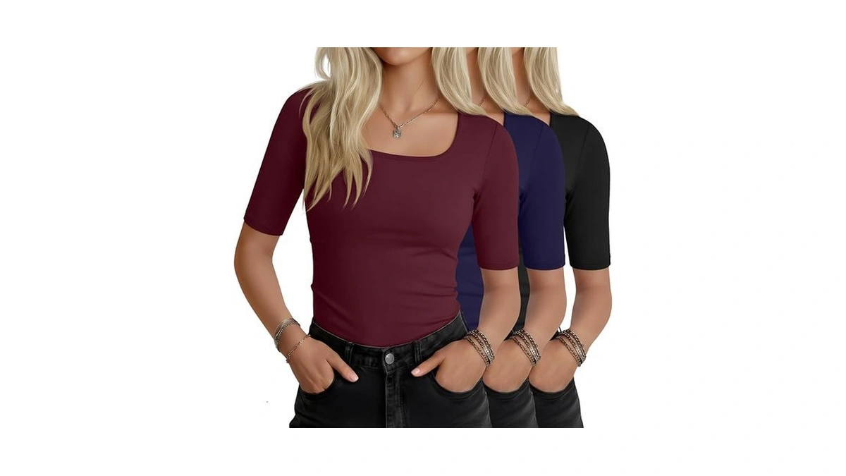 Joymotion 3 Pack Women's Half Sleeve Tops Square Neck Slim