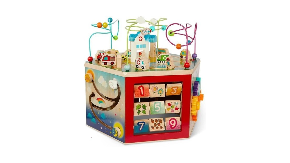 Battat Wooden Activity Cube, Curiocity 7-sided City Activity Toy, Wood