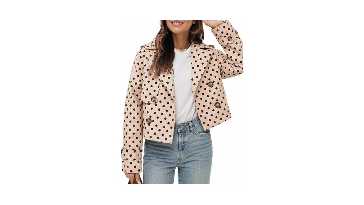 Tankaneo Womens Cropped Trench Coat Polka Dots Lapel Double Breasted