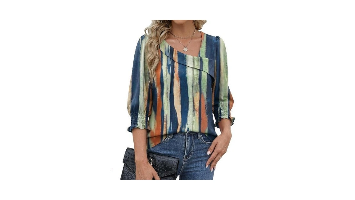 Funlingo 3/4 Sleeve Tops For Women Fall Asymmetric Square Neck