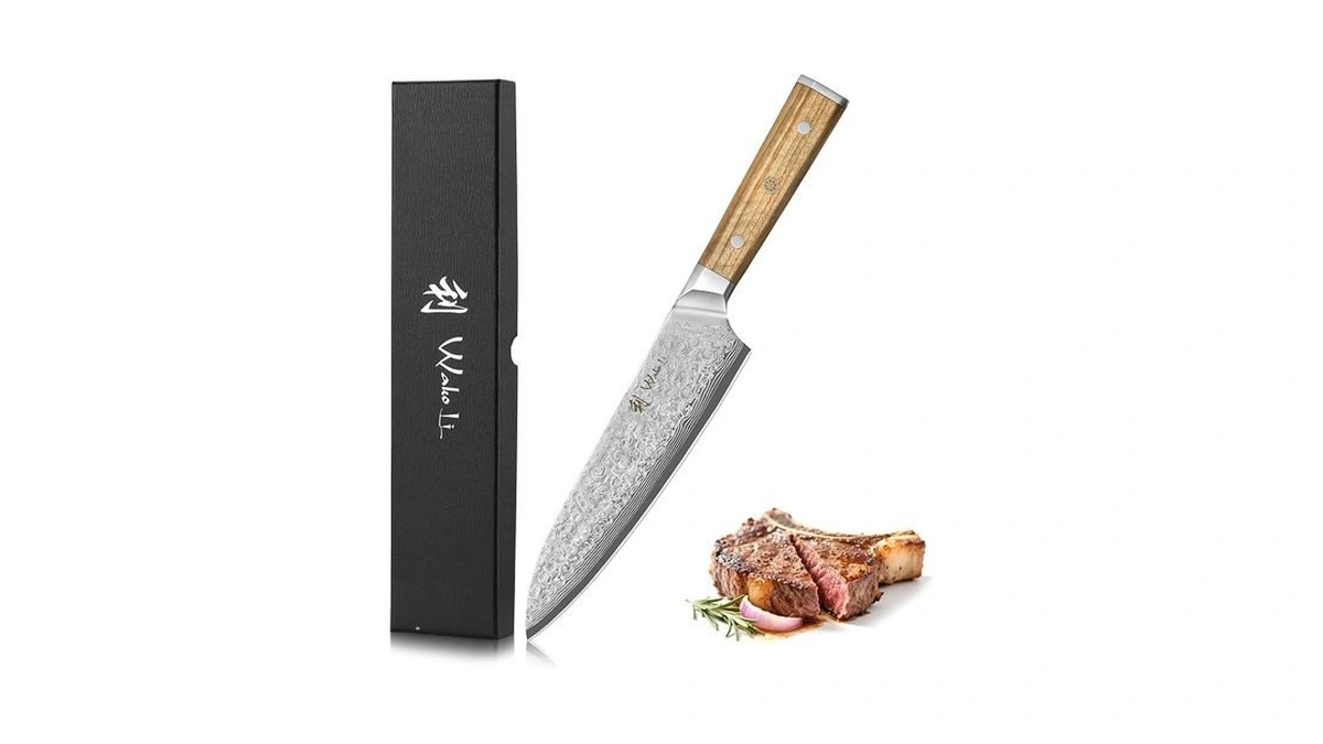 Wakoli Oribu Chef Knife, 8-inch 67-layer Vg10 Damascus, Olive Wood