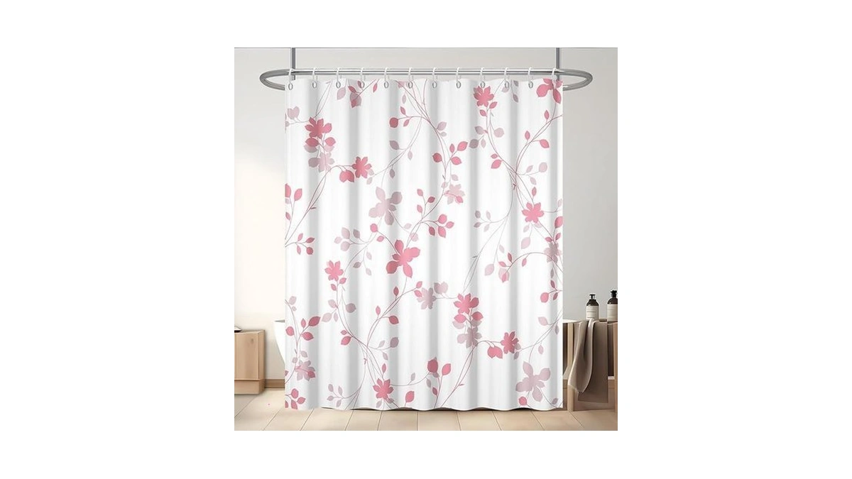 Gicdsu Pink Plant Leaves Shower Curtain, Waterproof Fabric Shower Curtain