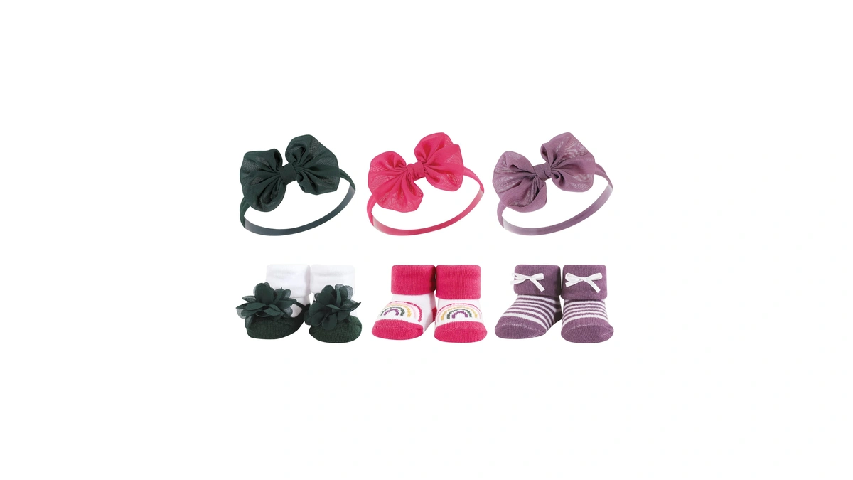 Hudson Baby Infant Girl Headband And Socks Giftset, Green Purple,