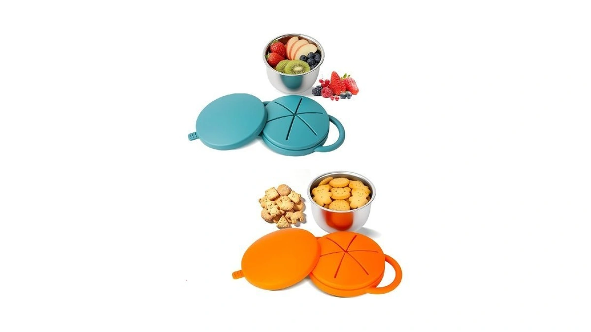 Lotbill 2-pack Stainless Steel Toddler Snack Cups, Spill-proof Double-lid (orange+blue)