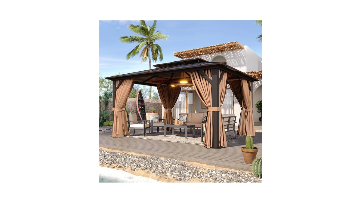 Aoxun 12'x10' Hardtop Gazebo, Metal Frame Permanent Pavilion With Curtains