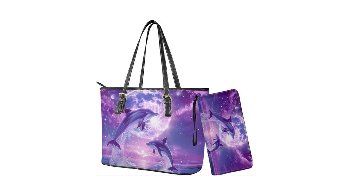 Nittanovaca Dolphin Moon Printed Handbag Purse Set,womens Tote Top Handle