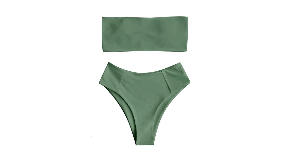 Zaful Women's High Cut Bandeau Bikini Set Strapless Solid Color