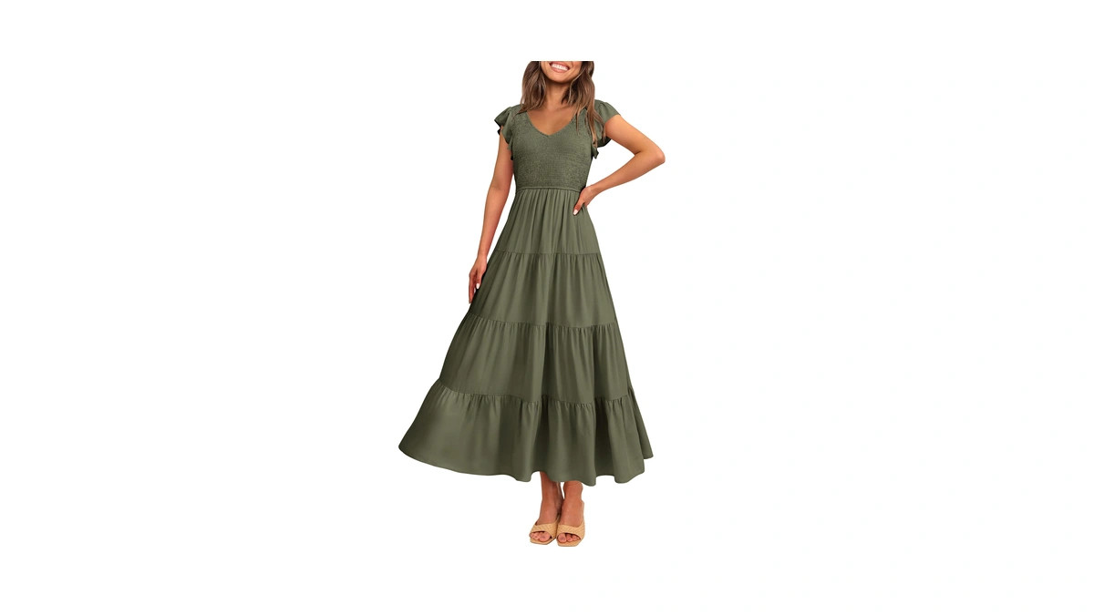 Prettygarden Women's Summer Flowy Maxi Dress Casual Cap Sleeve V