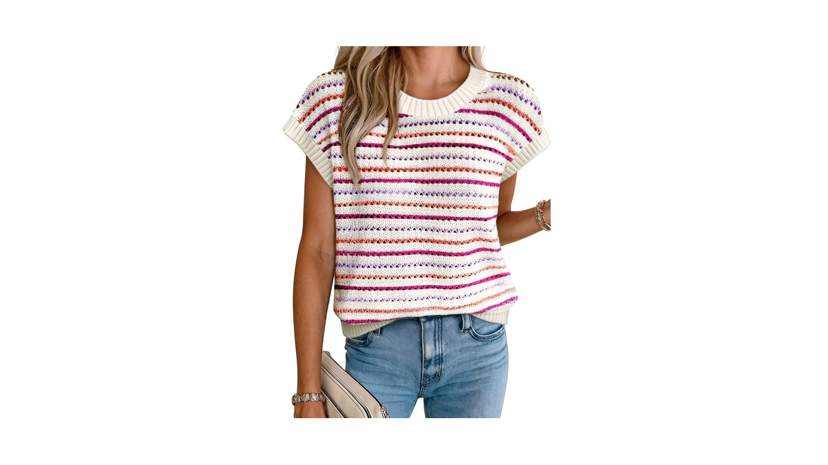 Evaless Womens Striped Sweater Vest Tank Top Cream Multicolor Stripe