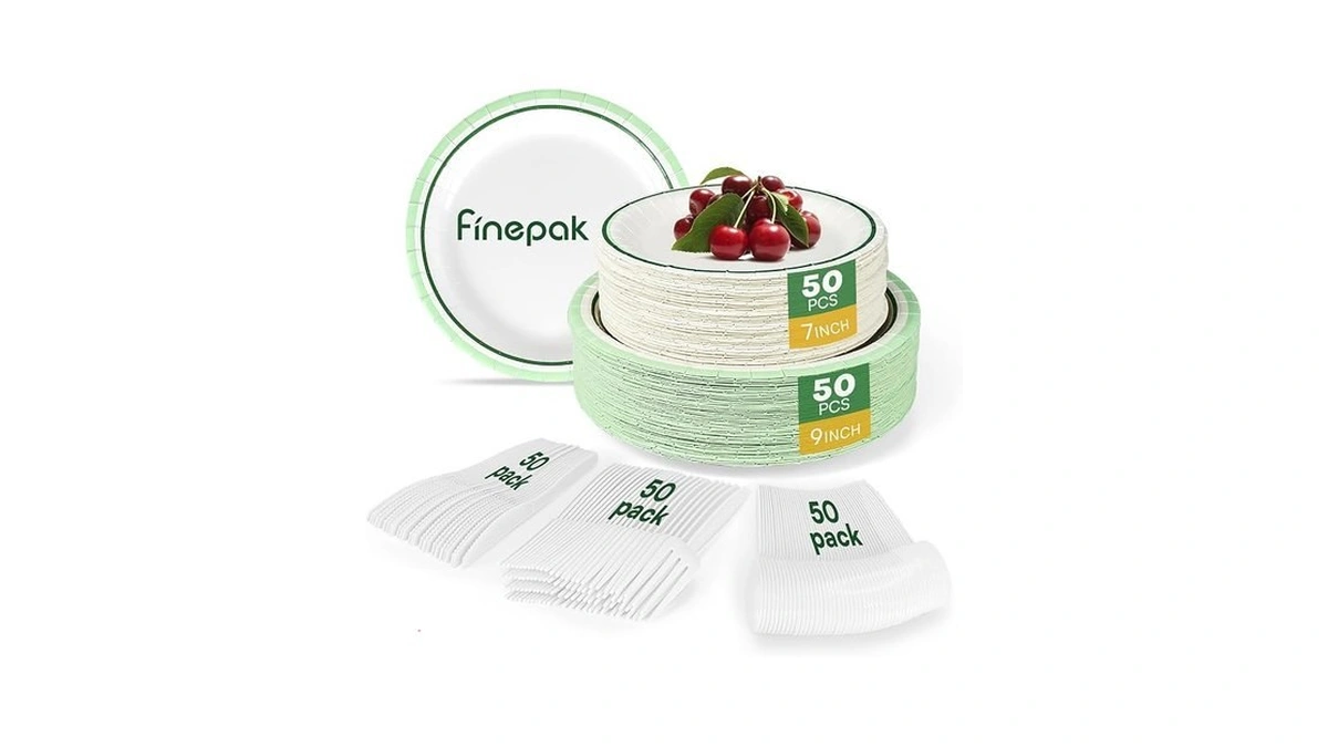 Finepak Paper Plates Disposable With Cutlery, 50 Serves Dinner Plates