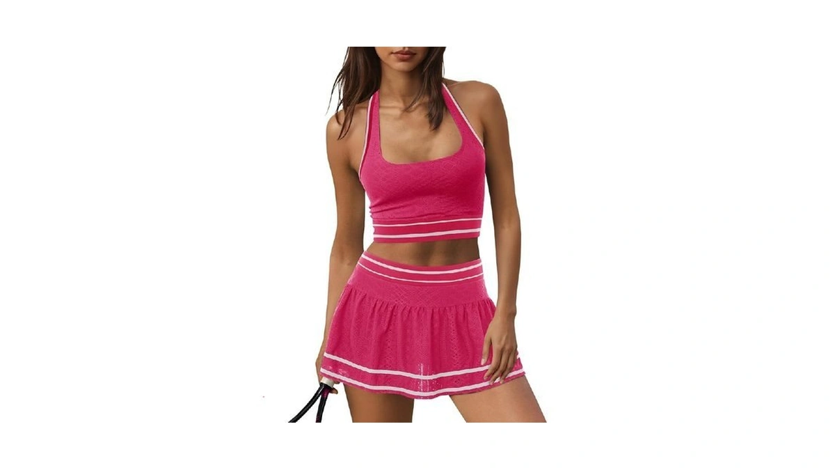 Fisoew Womens 2 Piece Tennis Skirt Sets Workout Set Halter