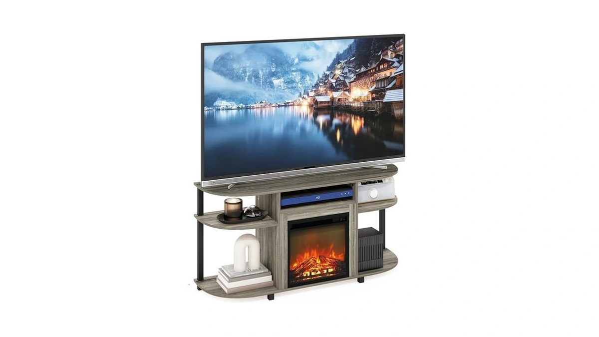 Furinno Jensen Fireplace Tv Stand, Curved Entertainment Center, Tv Console