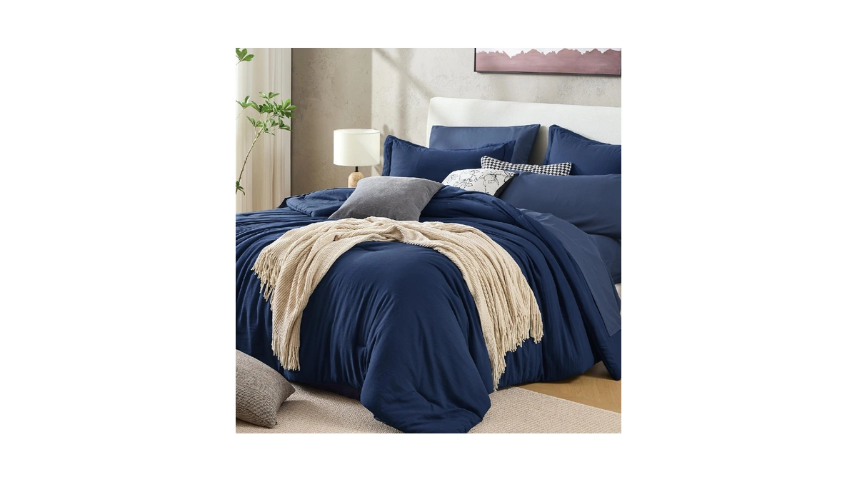Sasttie Queen Comforter Set 7-piece Navy Blue, Pre-washed Crinkled Texture