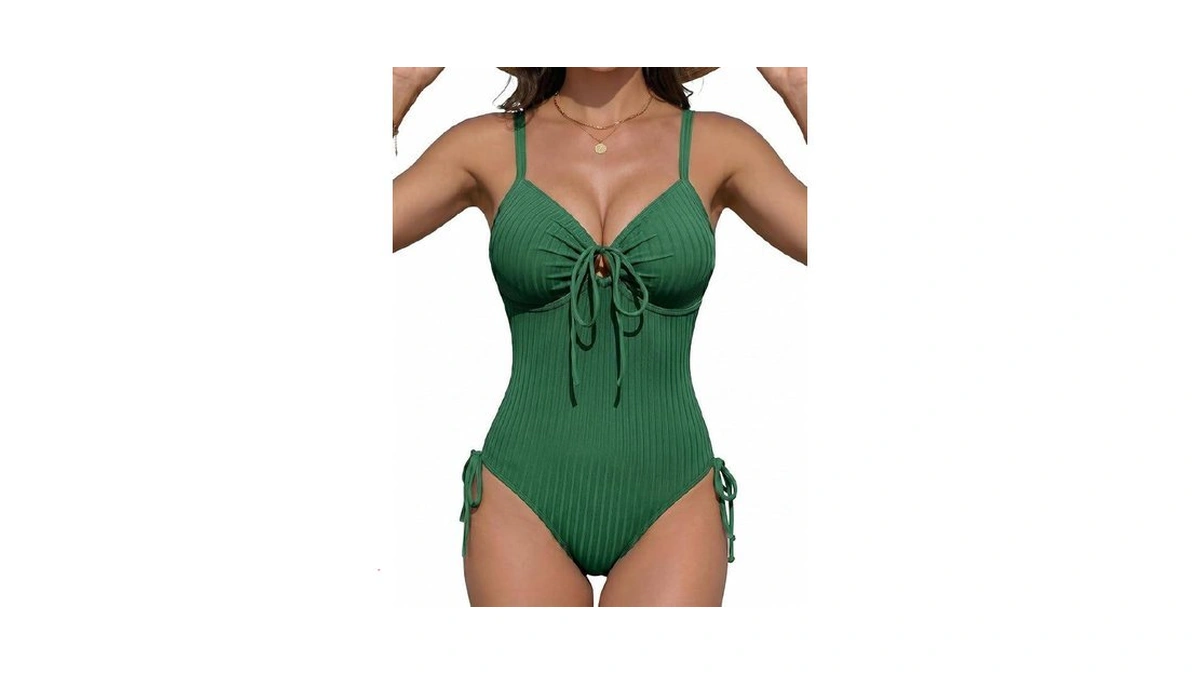 Wiepux Women's Ribbed One Piece Swimsuit Textured With Bow Tie