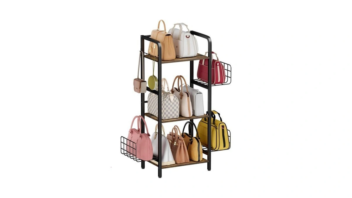 Tuohours 3-tier Purse Organizer Rack, Iron & Wood Floor-standing Bag