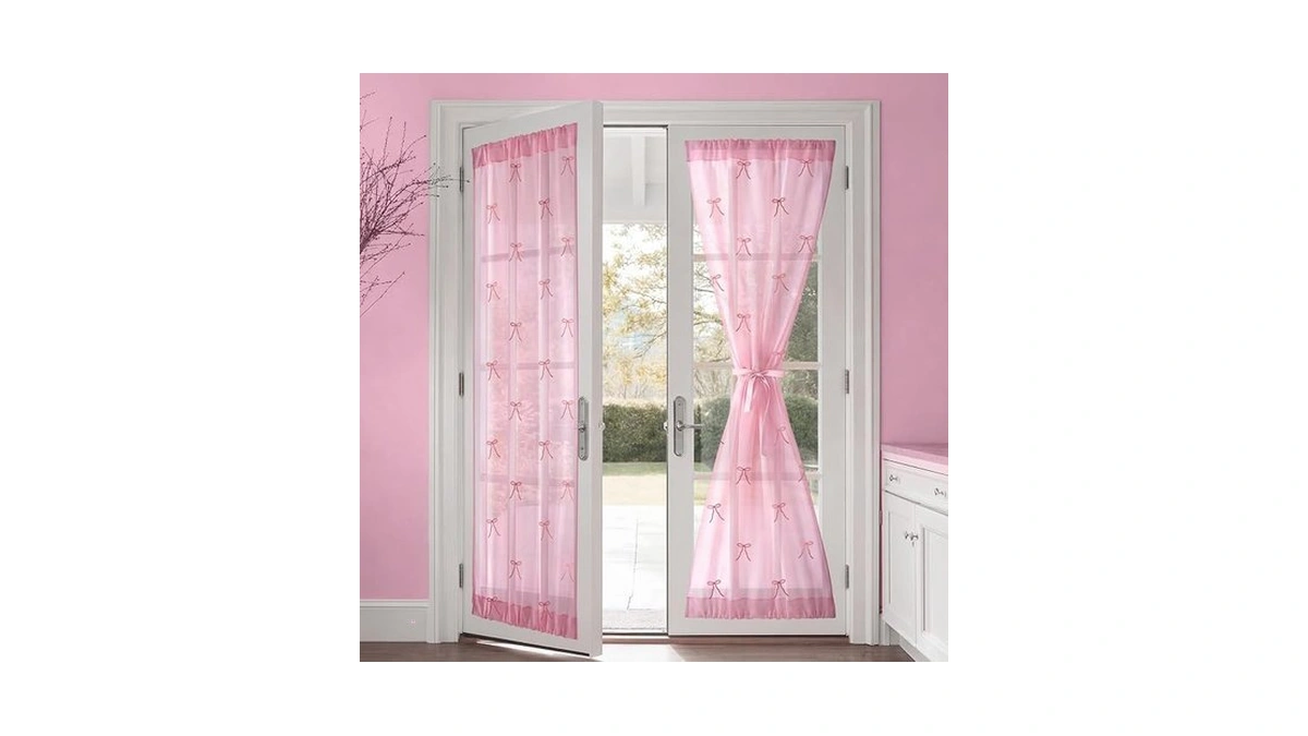 Chicplaid 2 Pcs Embroidered Pink Bow Sheer Door Curtain Light