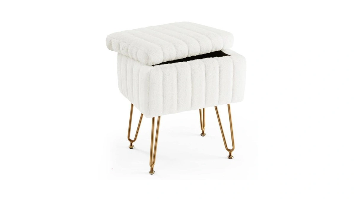 Sweetcrispy Vanity Stool Chair With Storage, Ottoman Faux Fur Soft