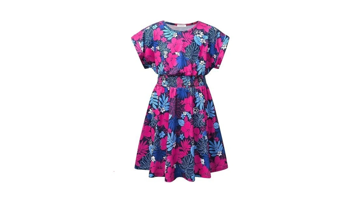 Perfashion Girls Tropical Plants Smocked Midi Dress Roll-sleeve Crew Neck