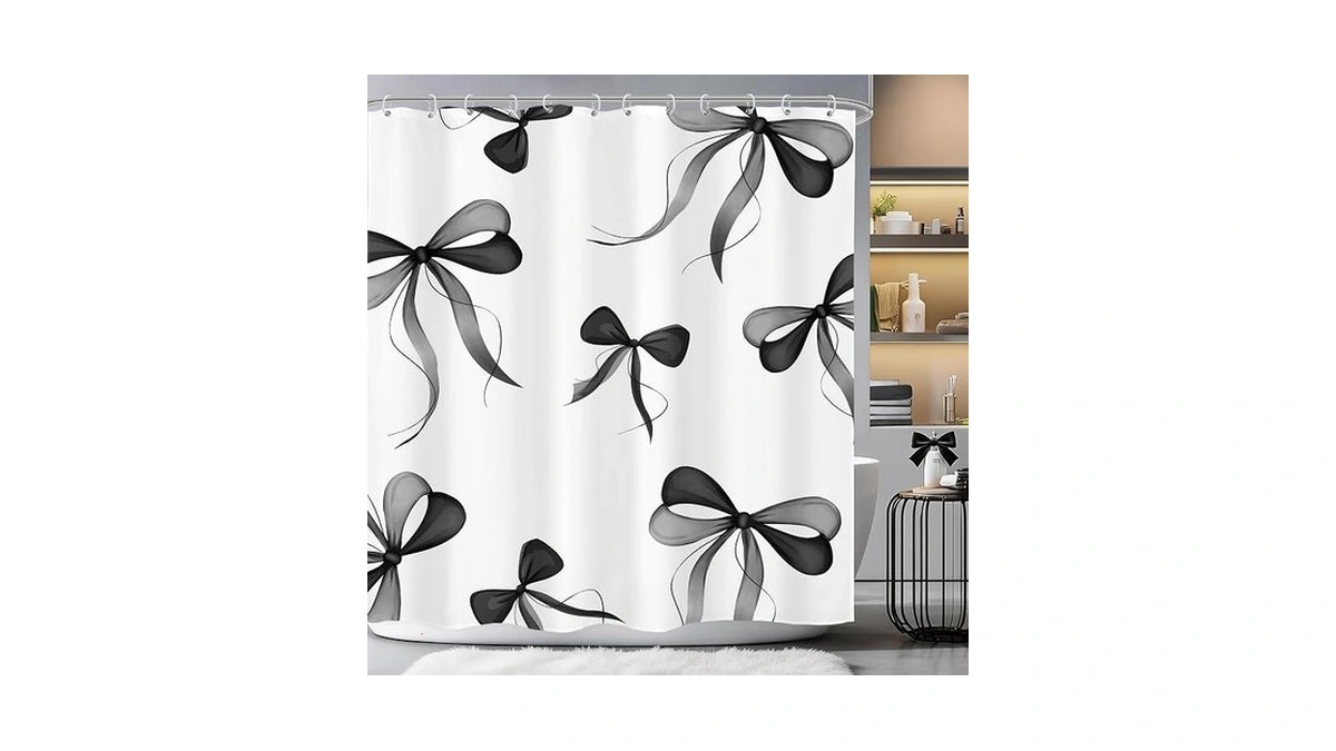 Black White Bow Shower Curtain Set 72x72 Bathroom Decor 72wx72h