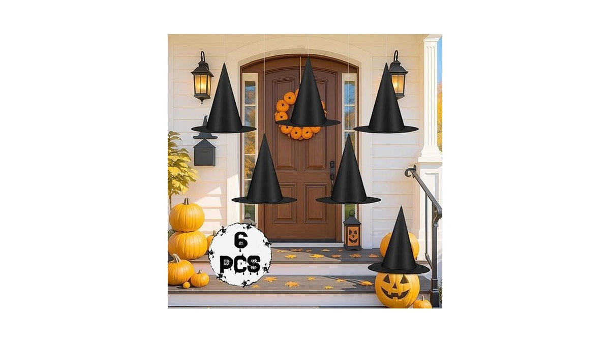 6pcs Halloween Decorations, Black Witch Hats For Halloween Porch Decor,