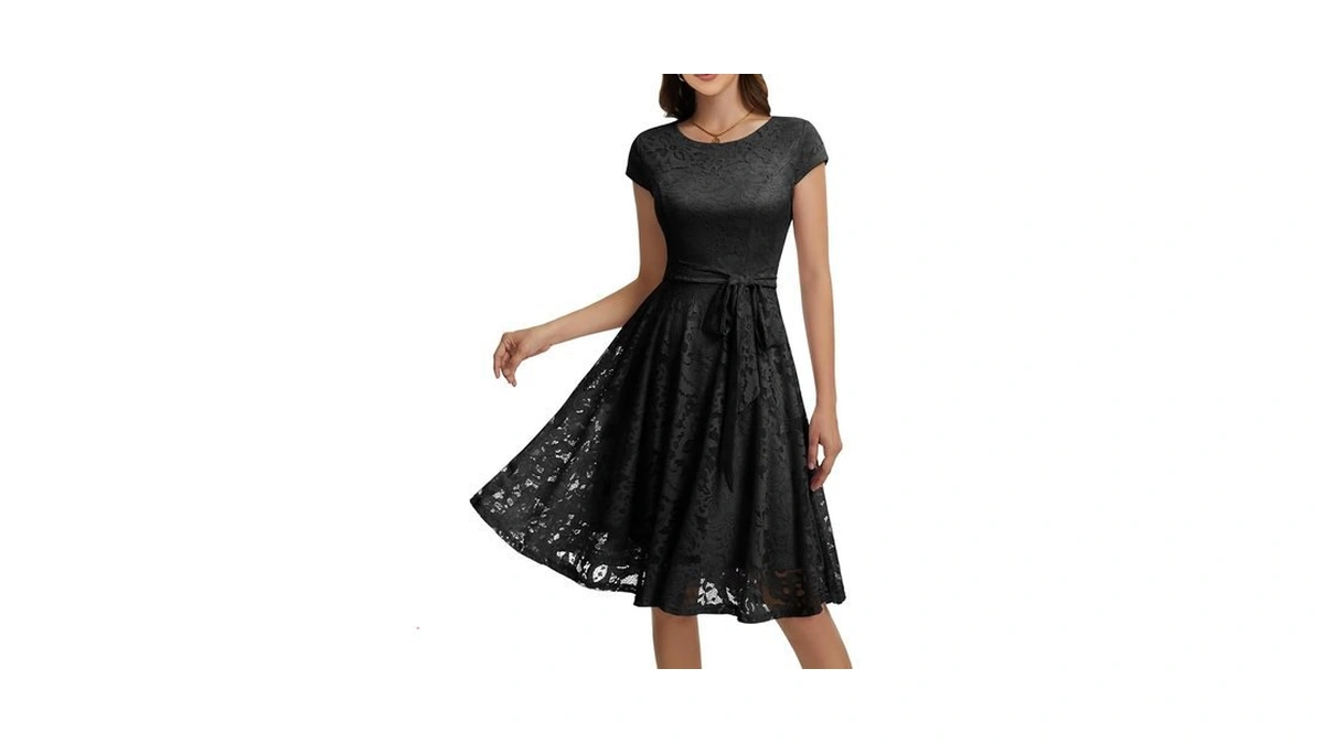 Muadress Floral Lace Cocktail Dress Cap Sleeve Bridesmaid Prom Black