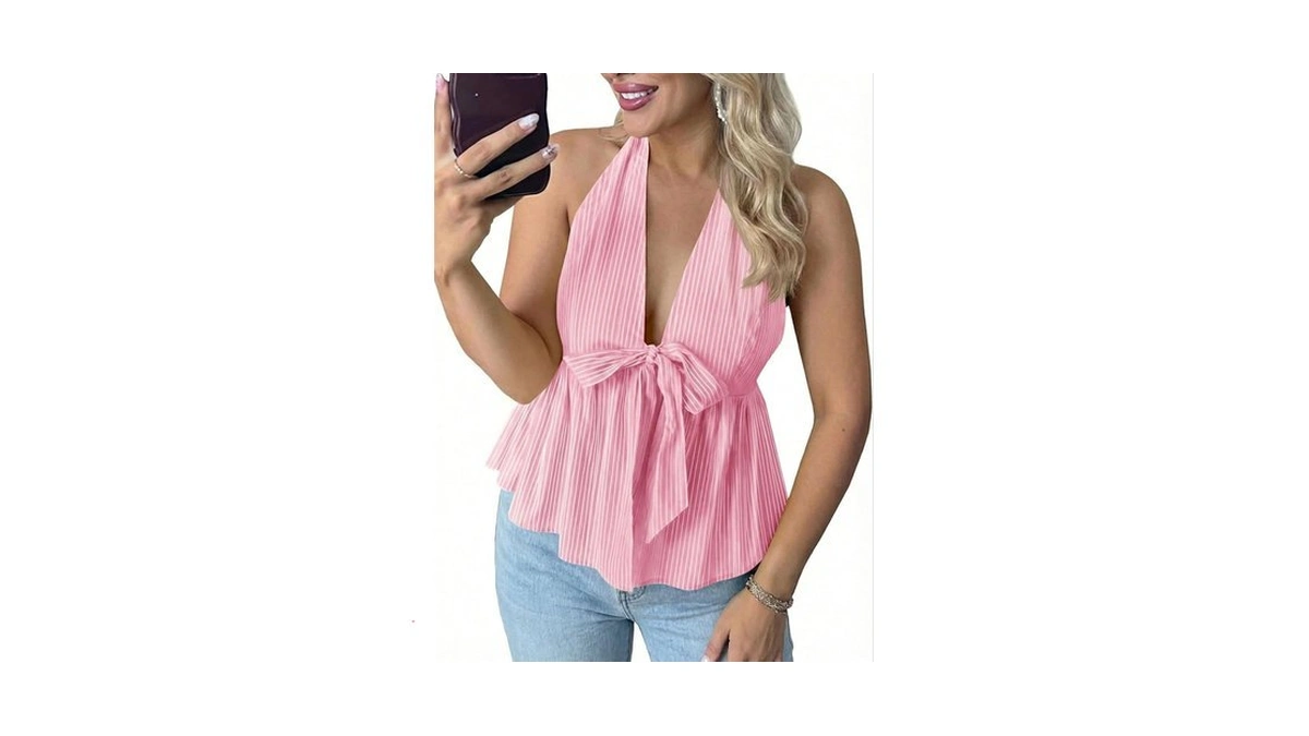 Tankaneo Womens Striped V Neck Halter Tops Babydoll Summer Bow
