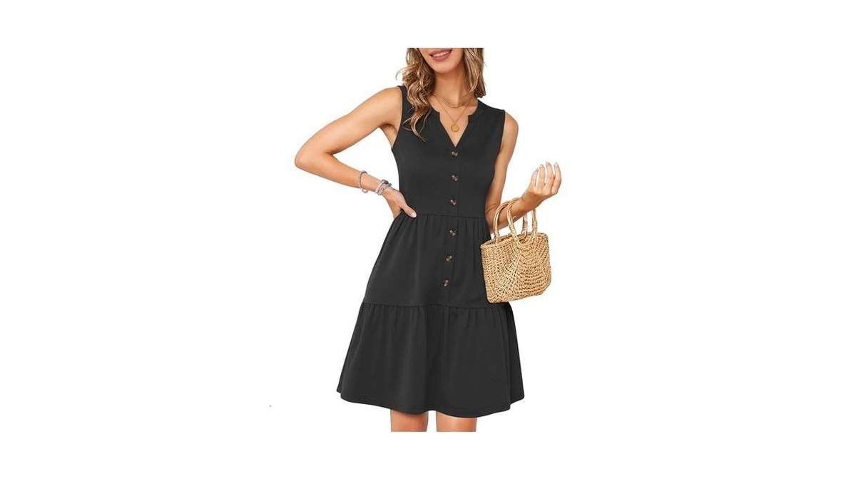 Molerani Womens Summer Sleeveless Sundress Button Tiered Dresses,black,xs