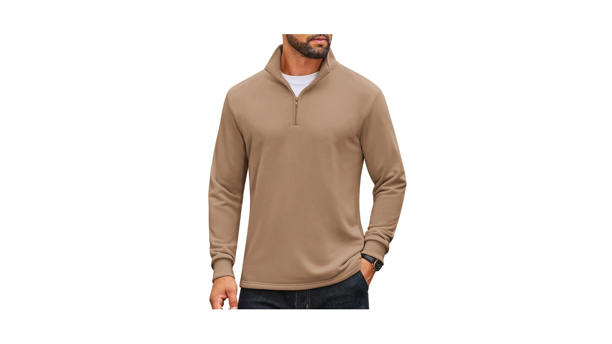 Coofandy Men's Stand Collared Sweatshirts Quarter Zip Fleece Pullover Khaki