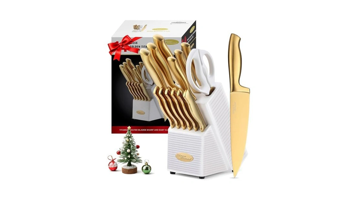 Marco Almond® Gold Knife Set, Knife Block Set Ma21,titanium Coated
